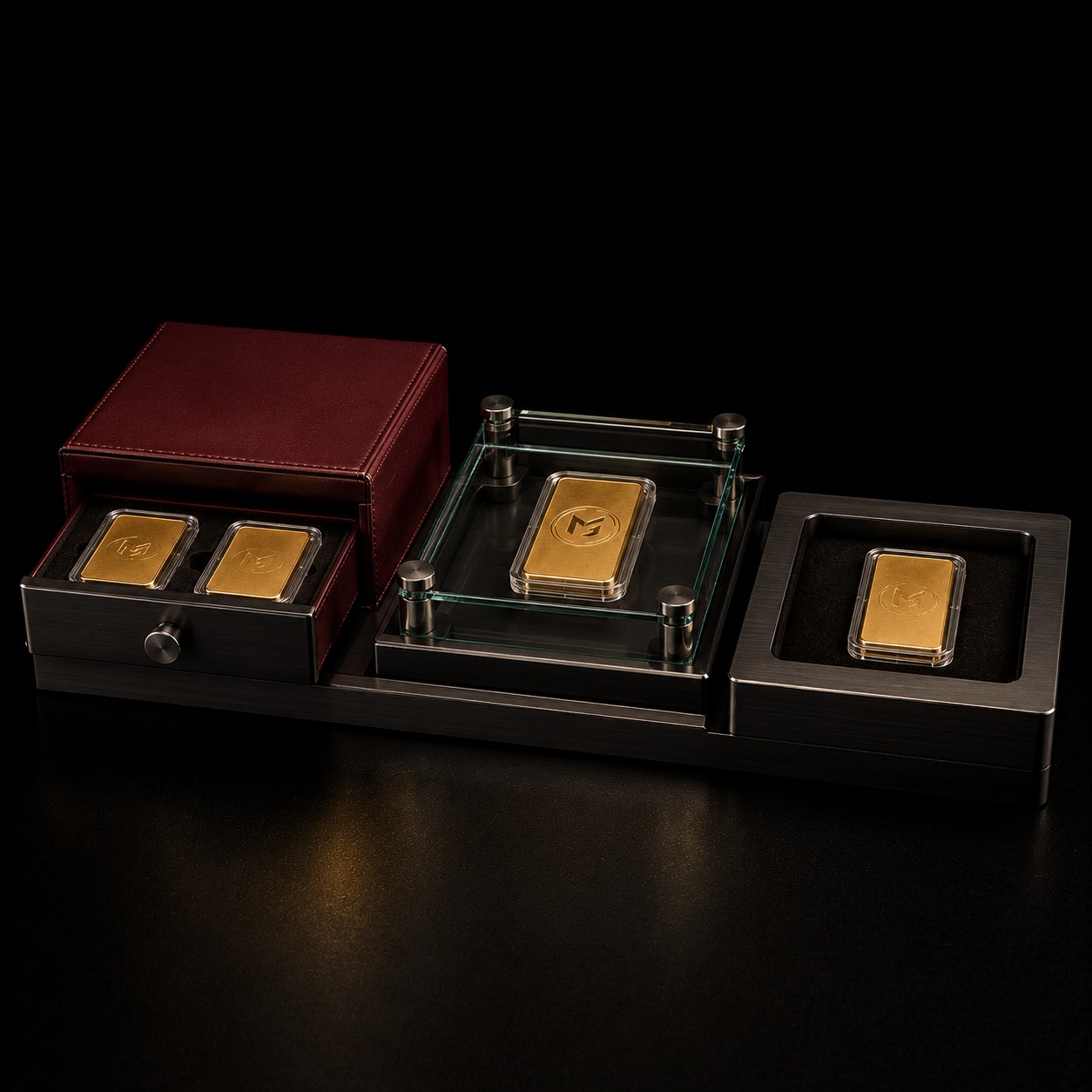 Trading desk display of Melody Gold bars in protective cases