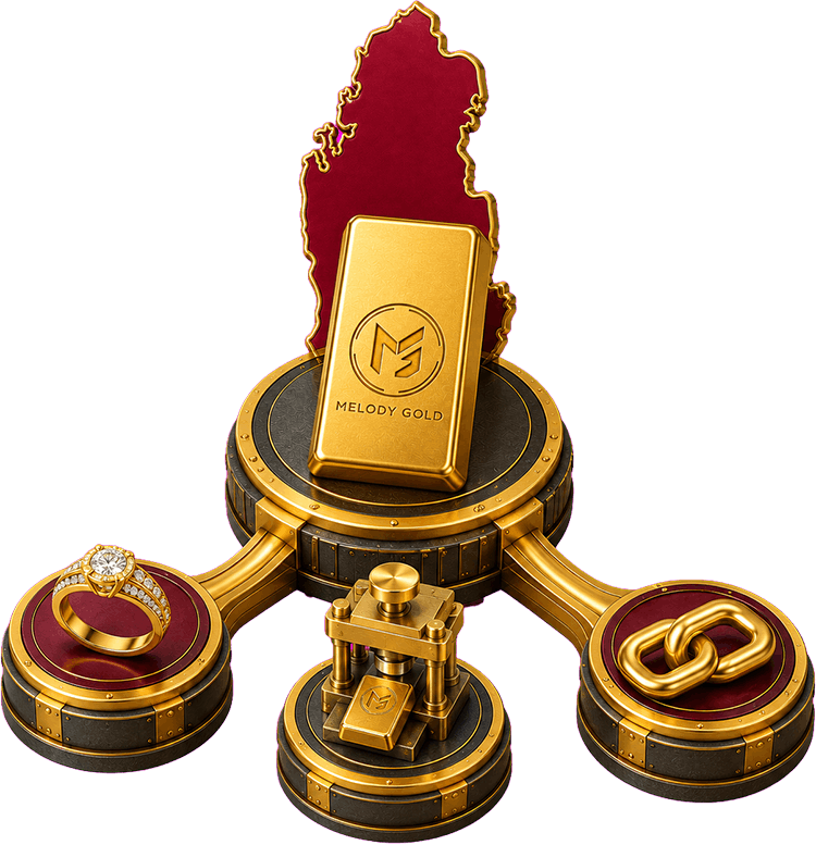 Melody Gold Qatar pedestal: gold bar, diamond ring and linked chain