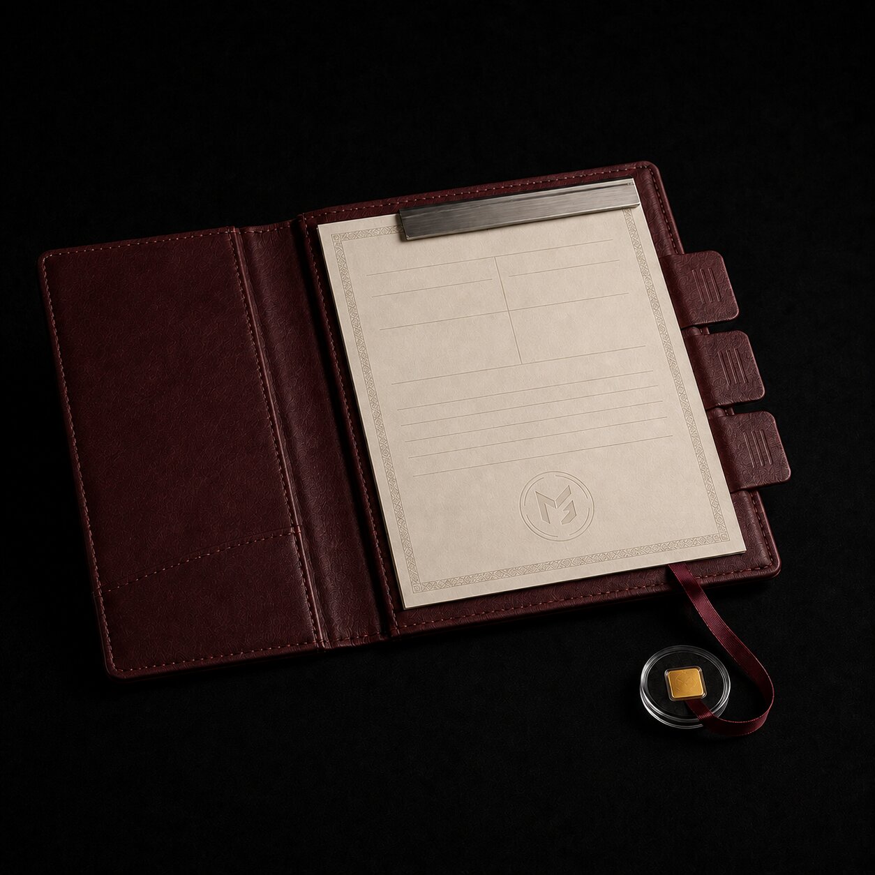 Leather folder with assay certificate and sealed gold sample