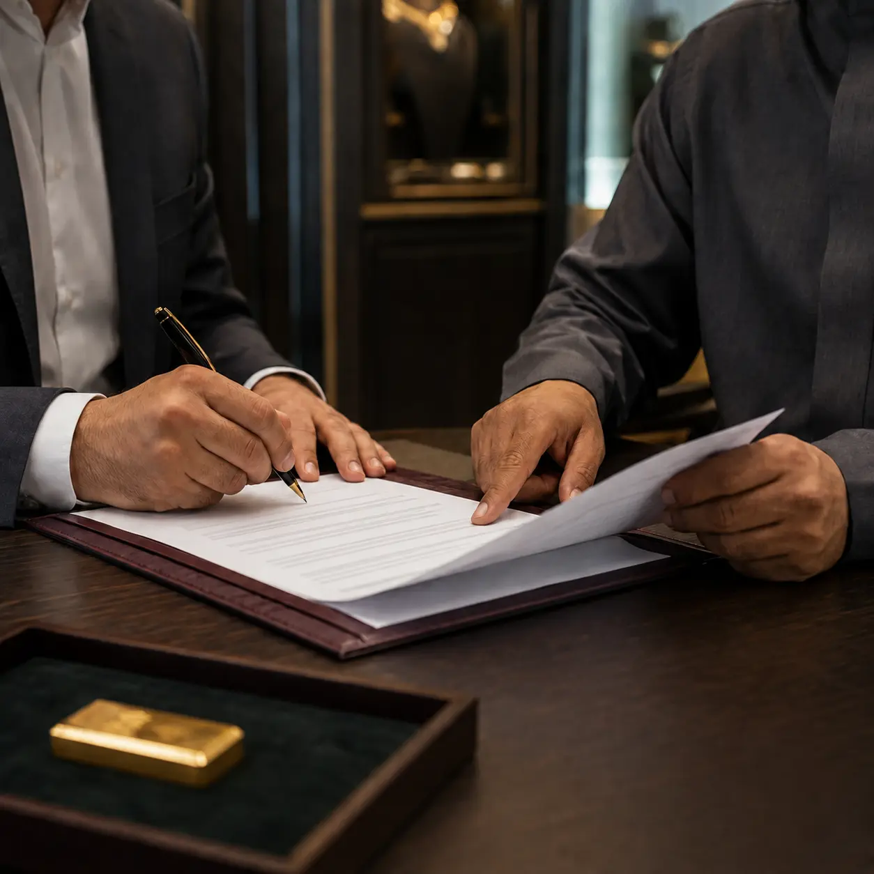Two partners signing a gold supply agreement beside a sealed bar