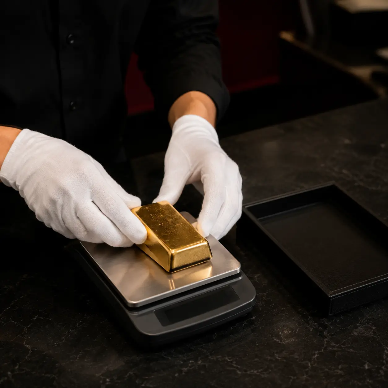 Gloved hands weighing a Melody Gold bar on a precision balance
