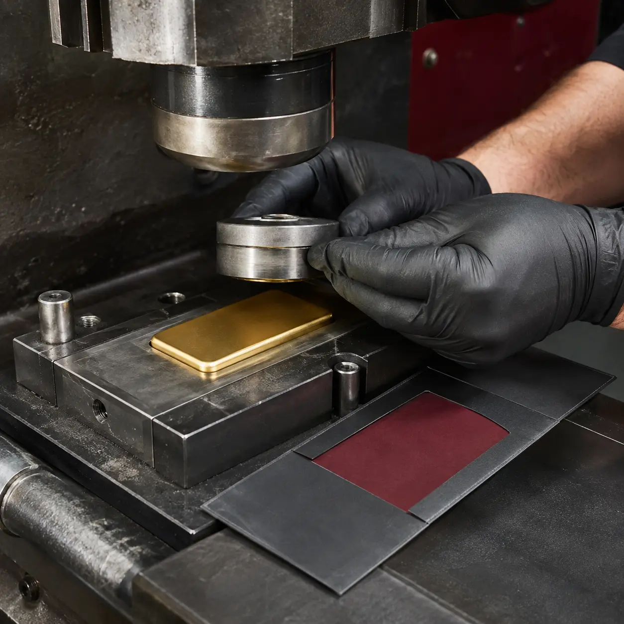 Press striking a private-label hallmark into a gold bar