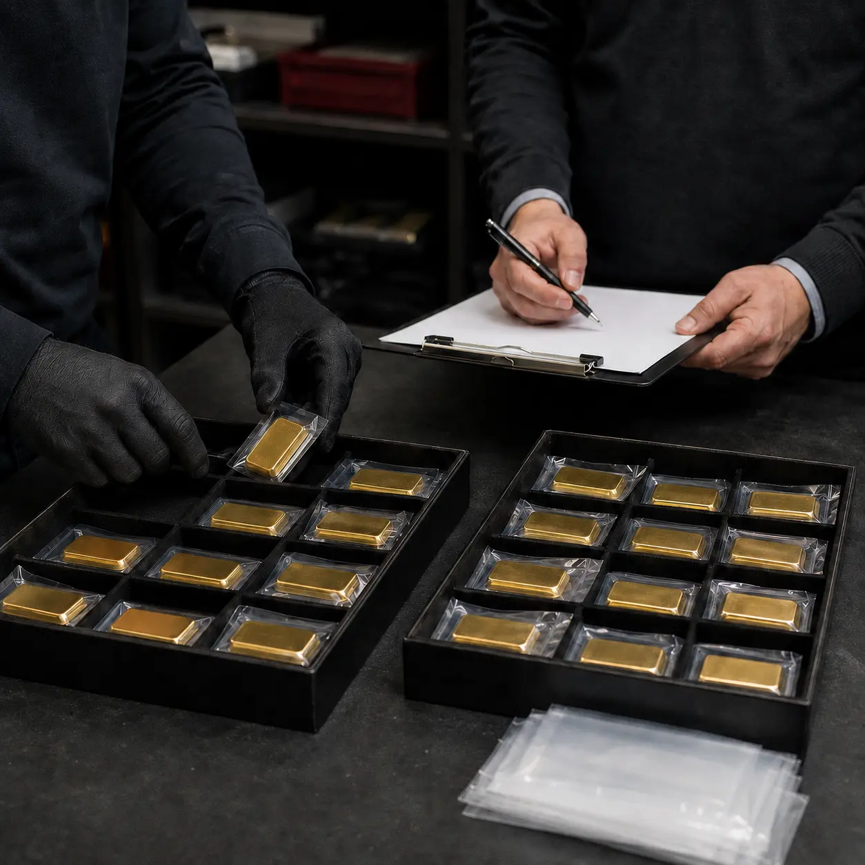 Wholesale trays of sealed Melody Gold bars being checked and logged