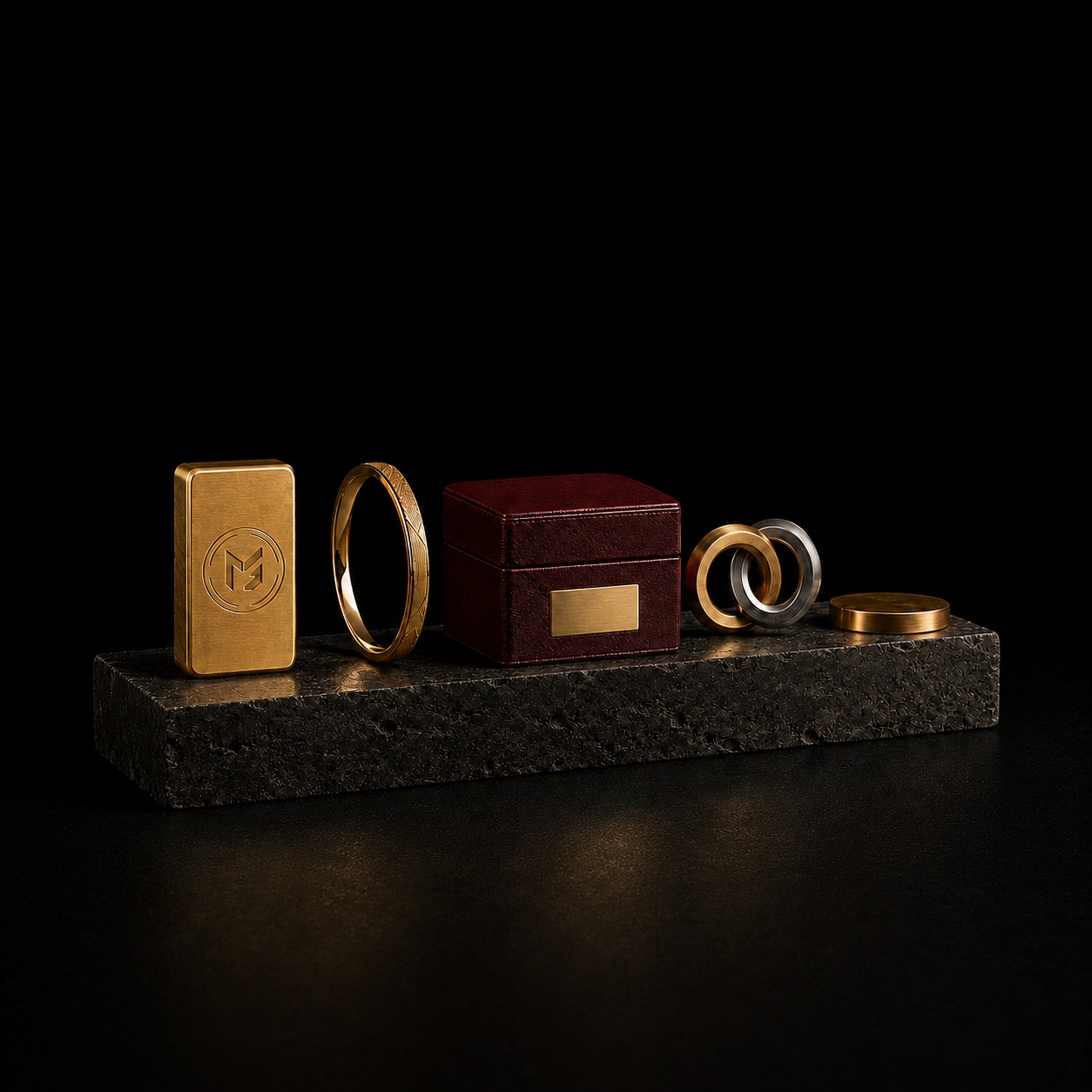 Qatar partnership display: gold bar, ring and linked chain