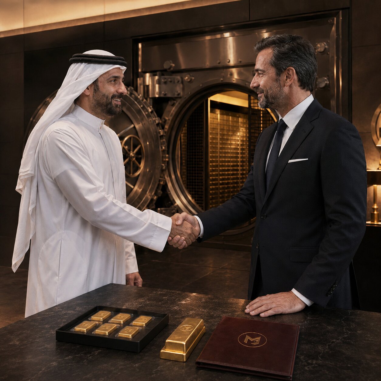 Melody Gold partners shaking hands at the vault over hallmarked bars and a signed folder